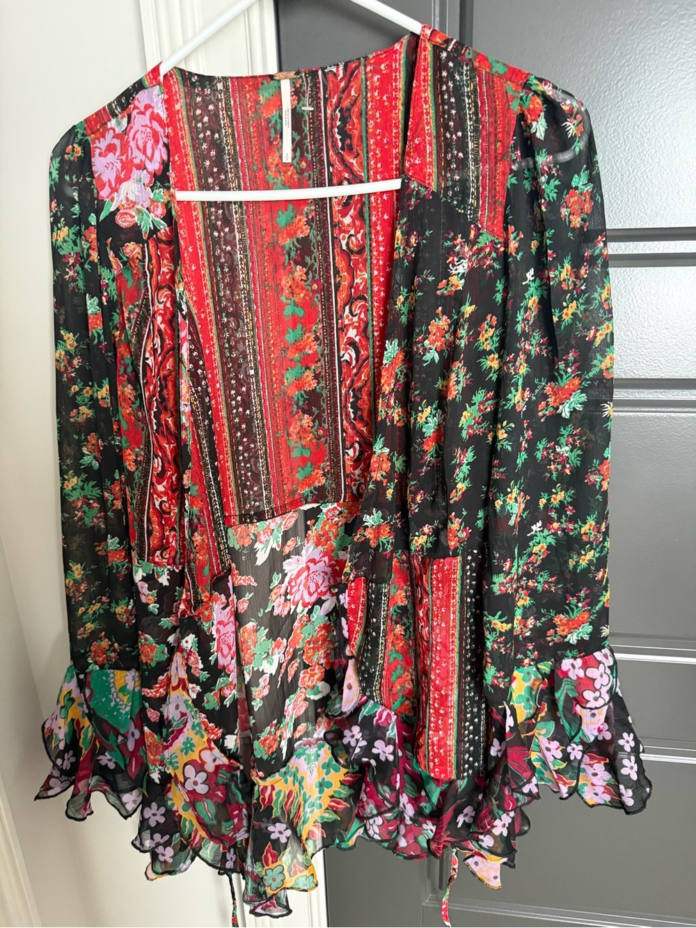 Free People Floral Patchwork Ruffle Hem Blouse - Black/Red/Green/Pink